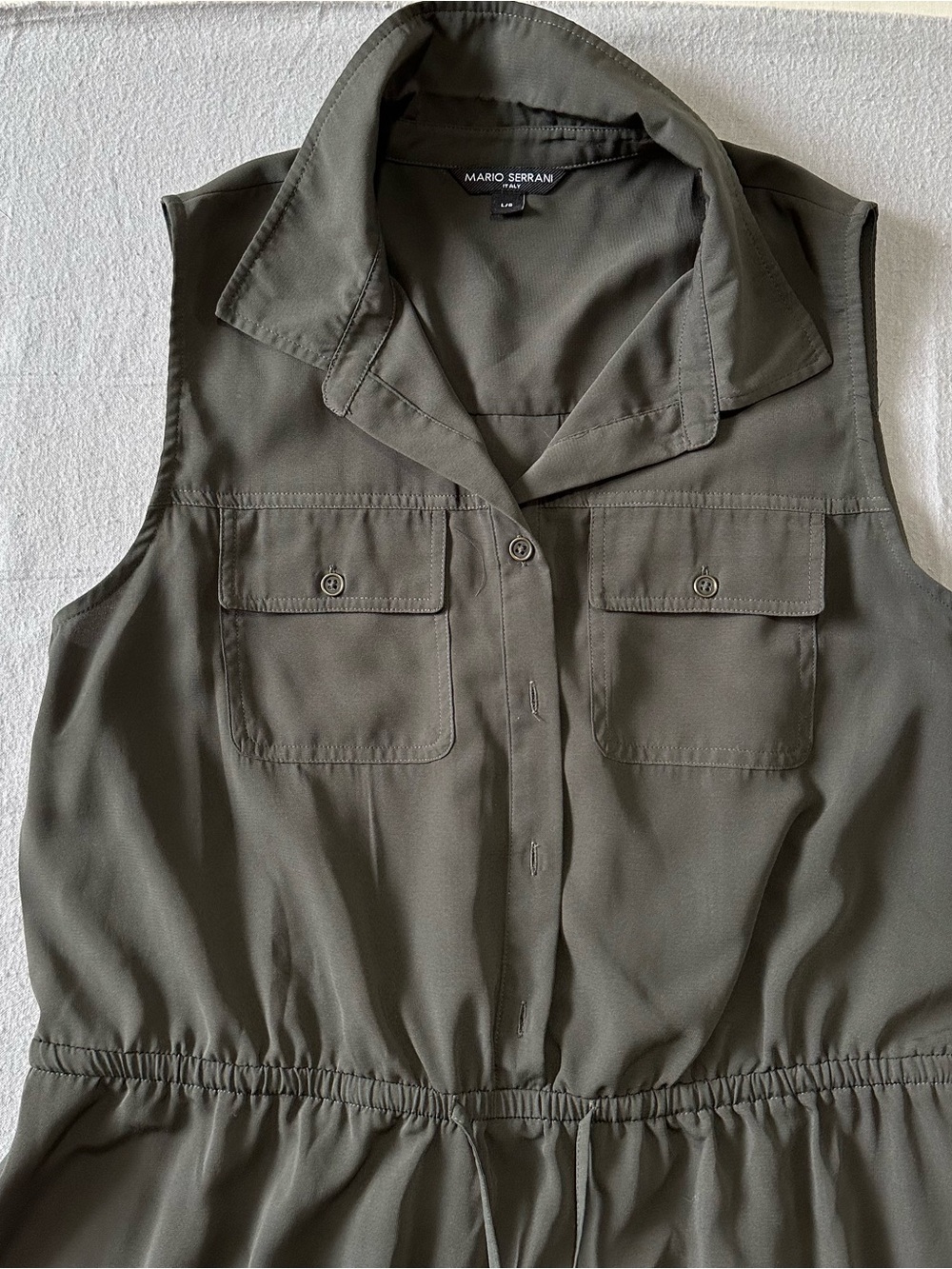 Mario Serrani Utility Shirt Dress Olive Green Sleeveless Cinched Waist Large - Picture 3 of 7